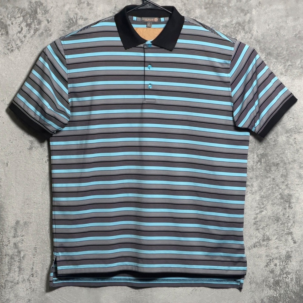 Peter Millar Polo Shirt Mens Large Blue Black Striped Summer Comfort Preppy Golf